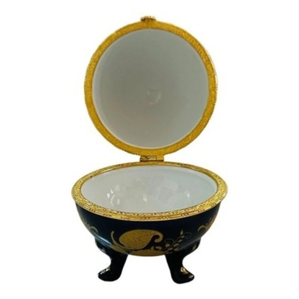 Vintage Cobalt Blue Gold Floral Porcelain Hinged Egg Trinket Box Jewelry Storage